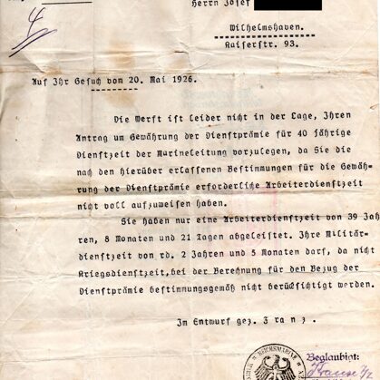 Ablehnung Gewährung Dienstprämie 06.07.1926