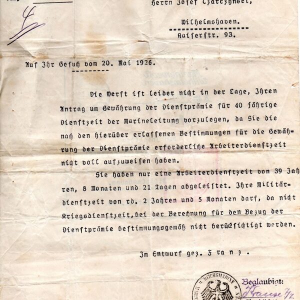 Ablehnung Gewährung Dienstprämie 06.07.1926