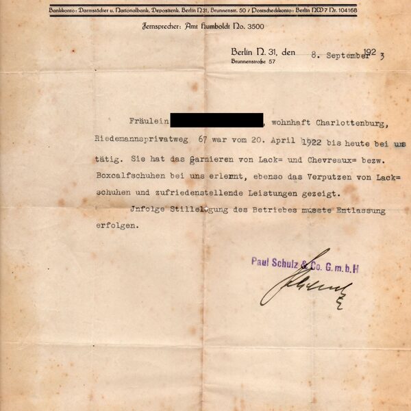 Arbeitsbescheinigung v. 08.09.1923