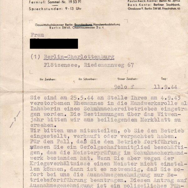 Eintrag Handwerksrolle Gauwirtschaftskammer Berlin 11.10.44