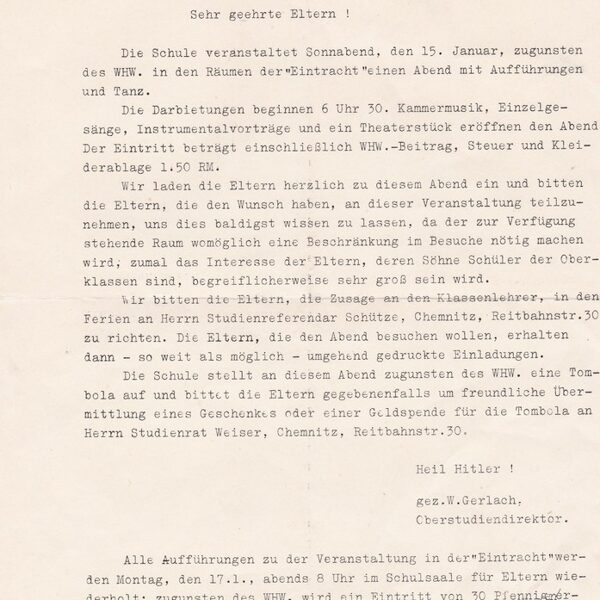 Elternbrief Adolf-Hitler-Schule v.1937 zugunsten Winterhilfswerk