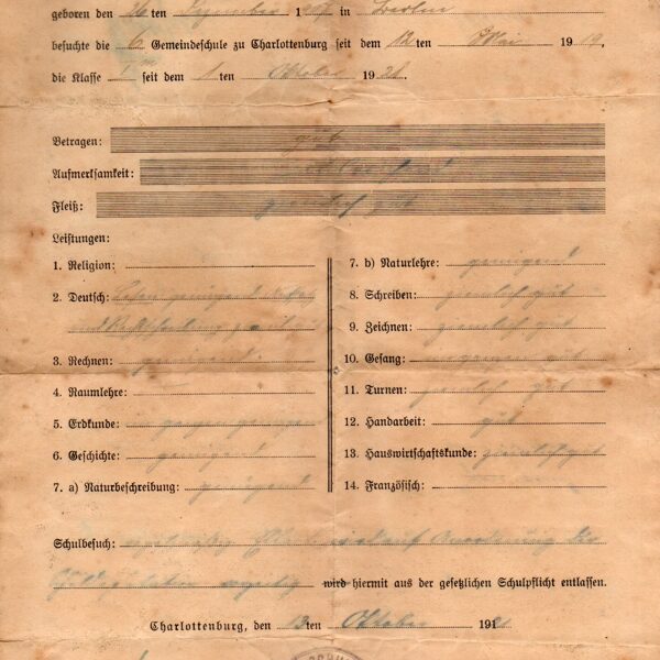 Entlassungszeugnis Charlottenburg