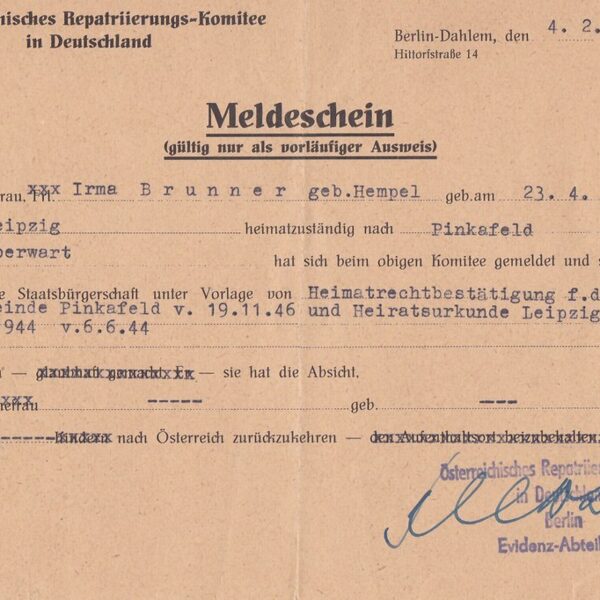 Meldeschein Österreichisches Repatriierungs-Komitee in Deutschland v. 1947