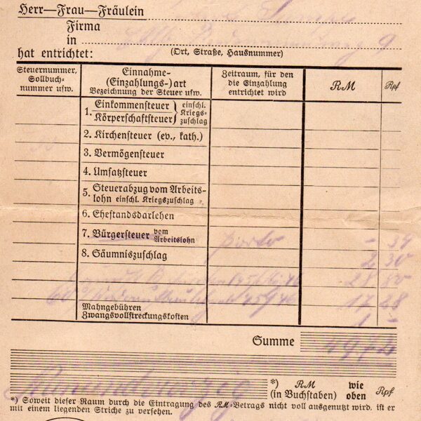 Quittung Finanzamt Charlottenburg v. 30.06.44