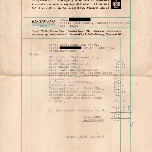 Rechnung Beerdigung v. 08.09.1943