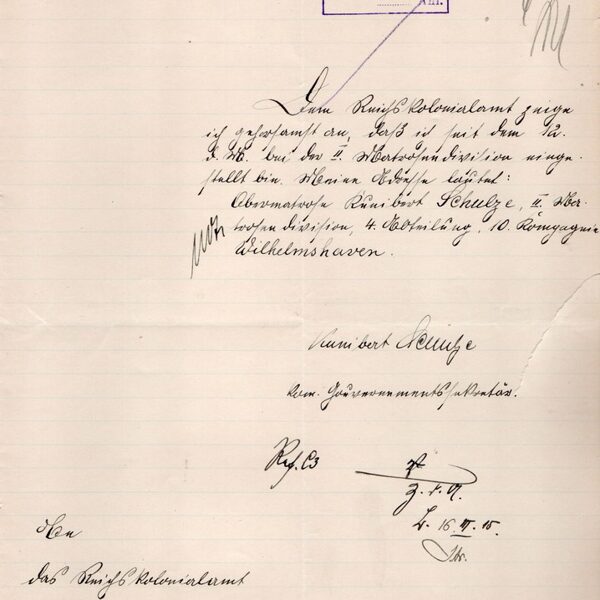 Schreiben ans Reichskolonialamt 1915