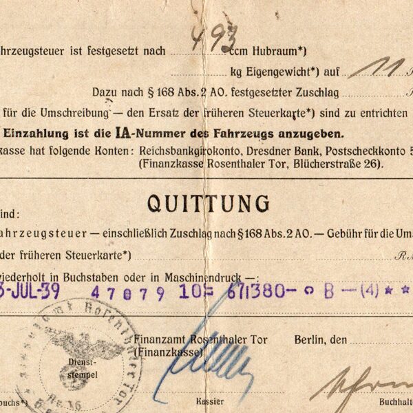 Steuerkarte Kraftrad IA 67380 Berlin-Plötzenssee 02.07.39