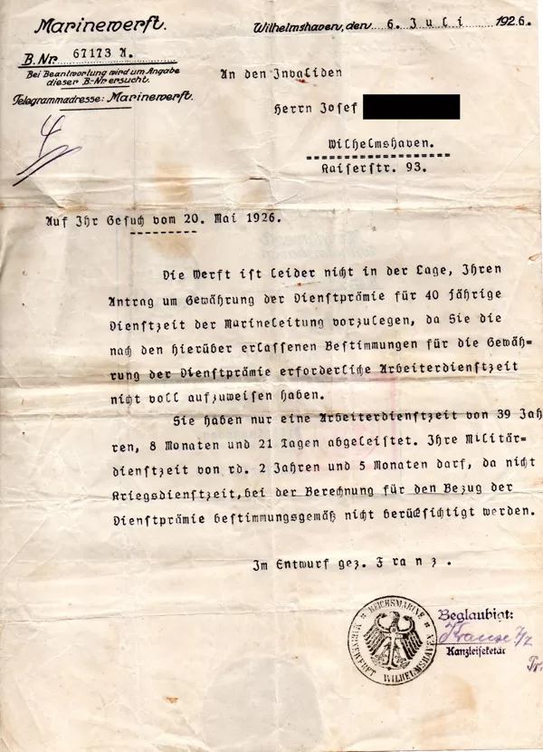 Ablehnung Gewährung Dienstprämie 06.07.1926