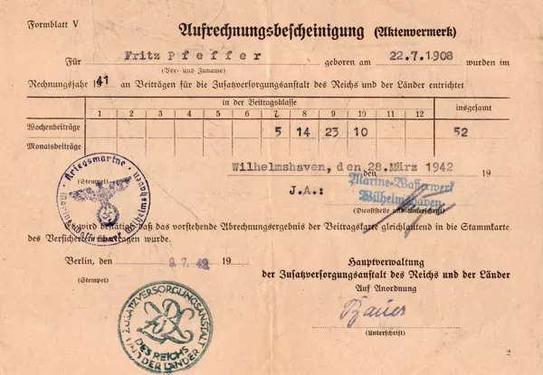 Aufrechnungsbescheinigung (Aktenvermerk) Marine-Wasserwerk WHV 1942