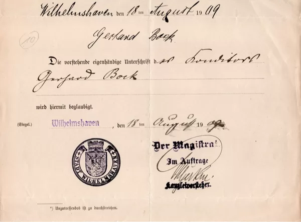 Beglaubigung Wilhelmshaven 1909