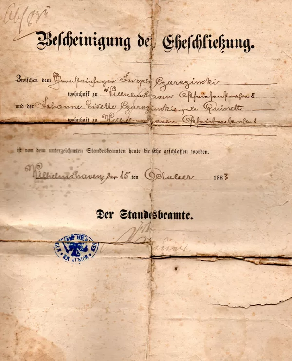 Heiratsurkunde 1883