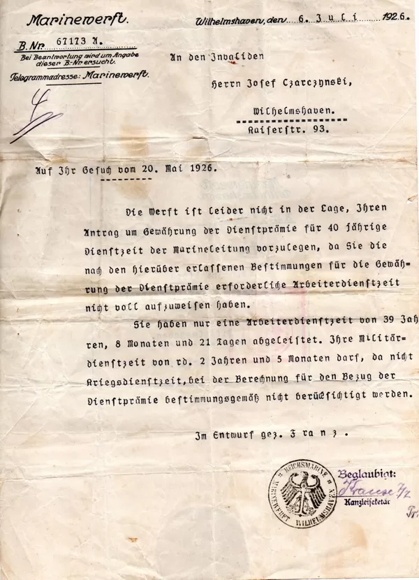 Ablehnung Gewährung Dienstprämie 06.07.1926