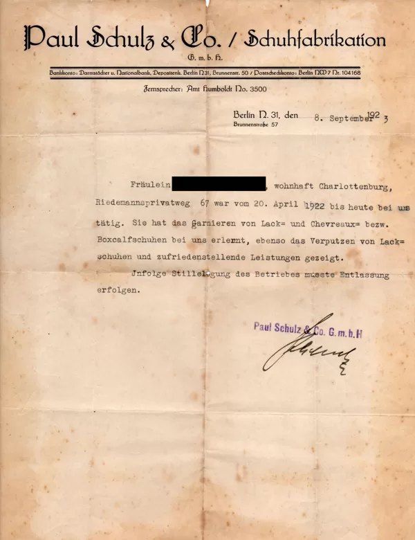 Arbeitsbescheinigung v. 08.09.1923