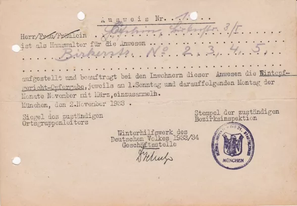 Ausweis Spendensammlung Winterhilfswerk 1933-34