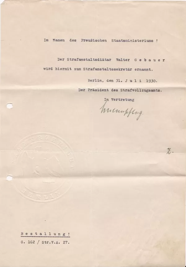 Bestallung zum Stafsanstaltssekretär 1930