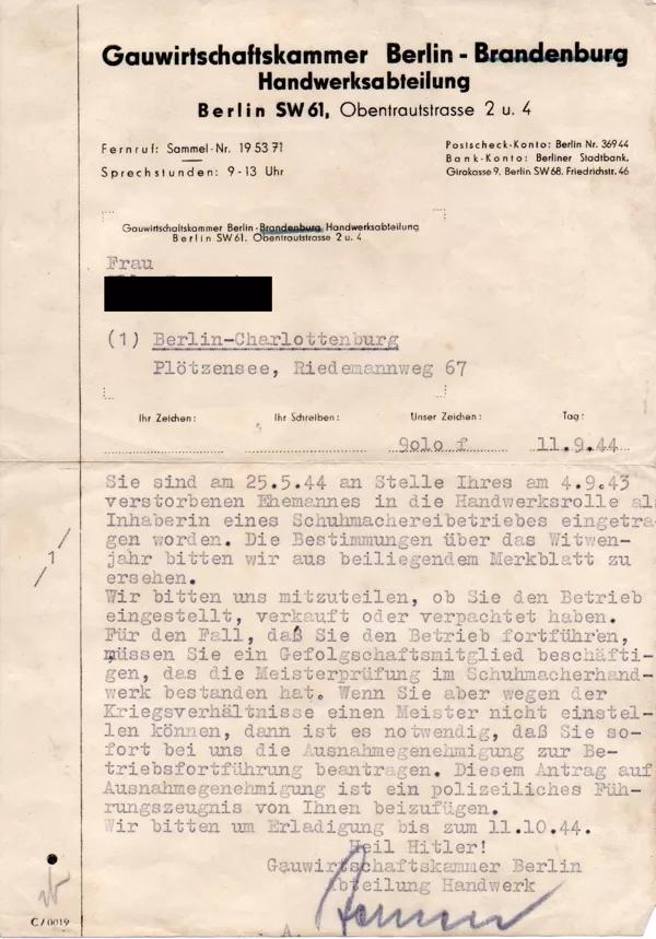 Eintrag Handwerksrolle Gauwirtschaftskammer Berlin 11.10.44