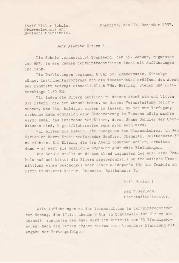 Elternbrief Adolf-Hitler-Schule v.1937 zugunsten Winterhilfswerk