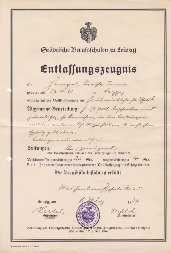 Entlassungszeugnis Städtische Berufsschulen Leipzig 1937