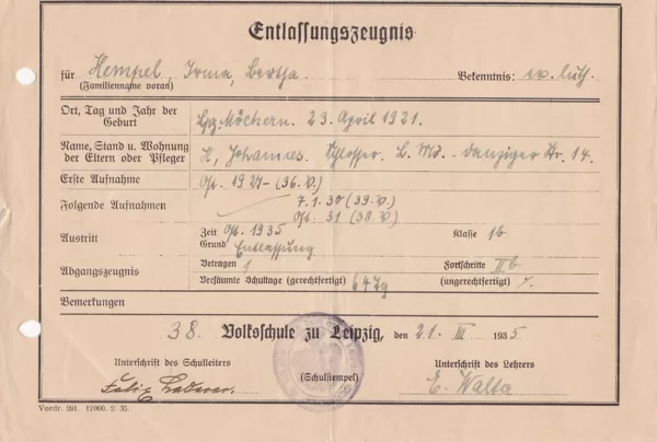 Entlassungszeugnis Volkschule zu Leipzig v. 1935
