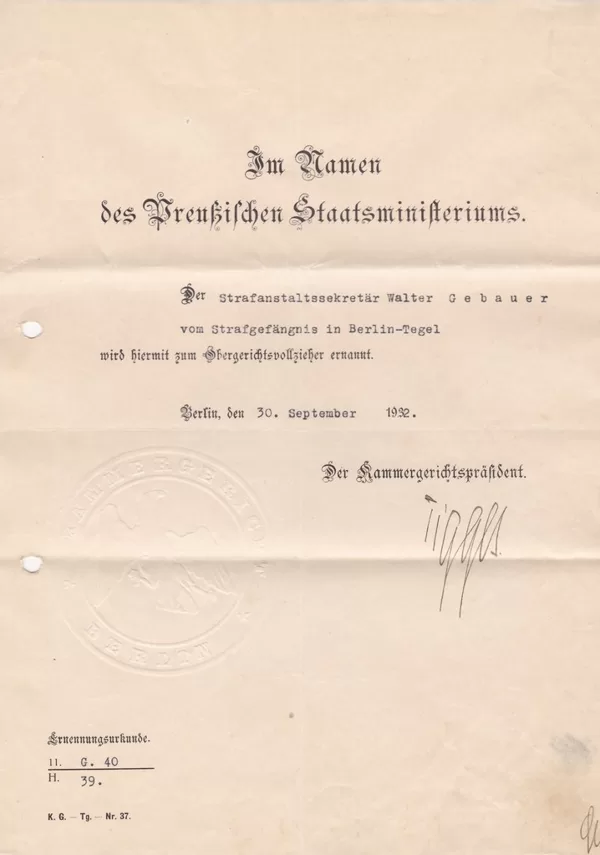 Ernnenung zum Obergerichtsvollzieher 1932
