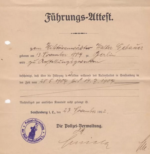 Führungs-Attest Senftenberg 1922