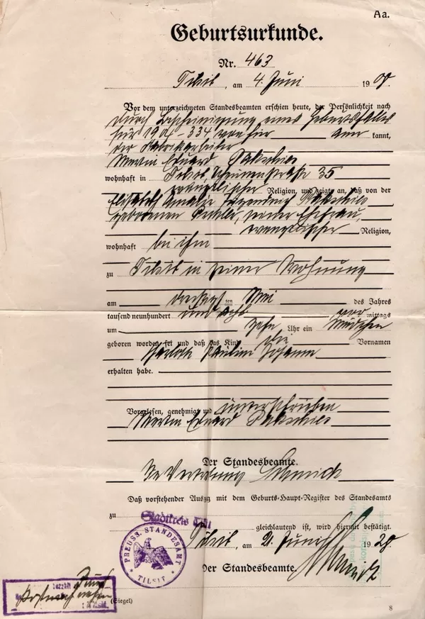 Geburturkunde Tilsit 04.06.1908