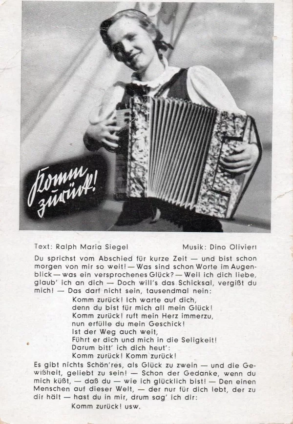 Liederkarte Komm zurück 1941 