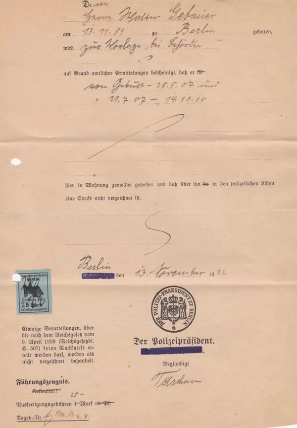Meldebescheinigung Berlin 1922