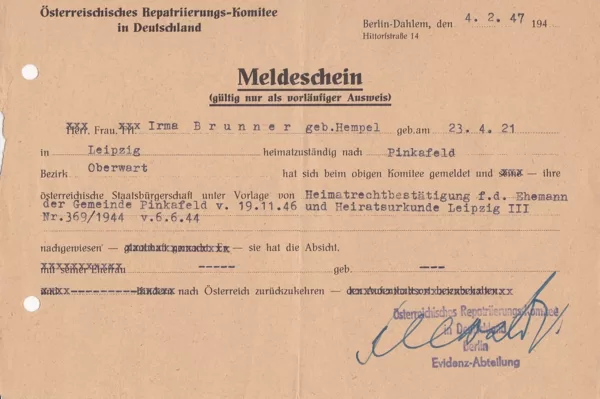 Meldeschein Österreichisches Repatriierungs-Komitee in Deutschland v. 1947