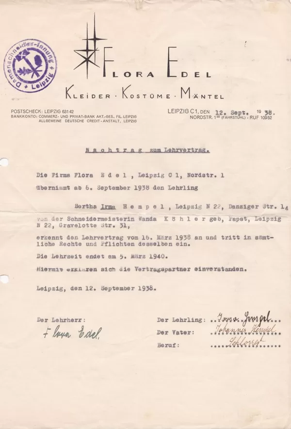 Nachtrag zum Lehrvertrag 1938