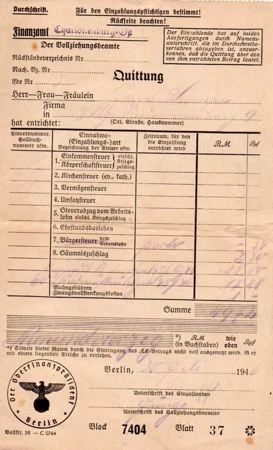 Quittung Finanzamt Charlottenburg v. 30.06.44