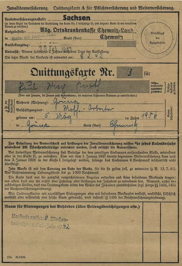 Quittungskarte AOK Chemnitz 1942