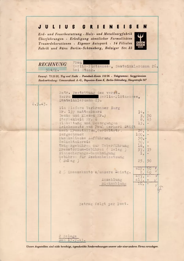 Rechnung Beerdigung v. 08.09.1943