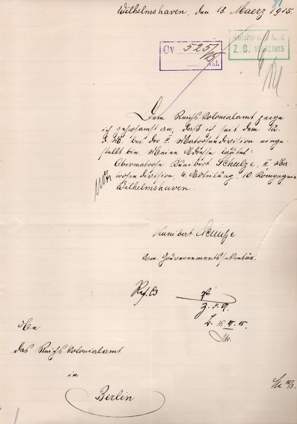 Schreiben ans Reichskolonialamt 1915