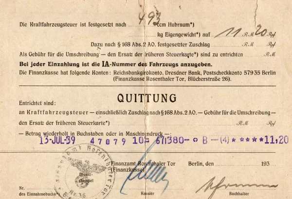 Steuerkarte Kraftrad IA 67380 Berlin-Plötzenssee 02.07.39