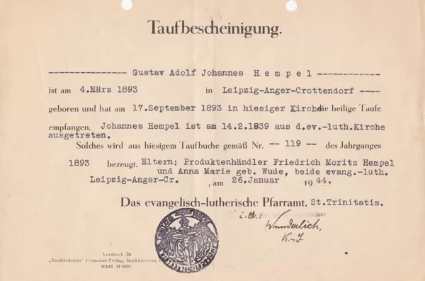 Taufbescheinigung Pfarramt St. Trinitatis 1944