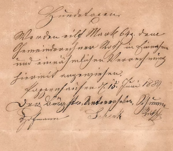 Erlaugnisschein v.1889 Rückseite